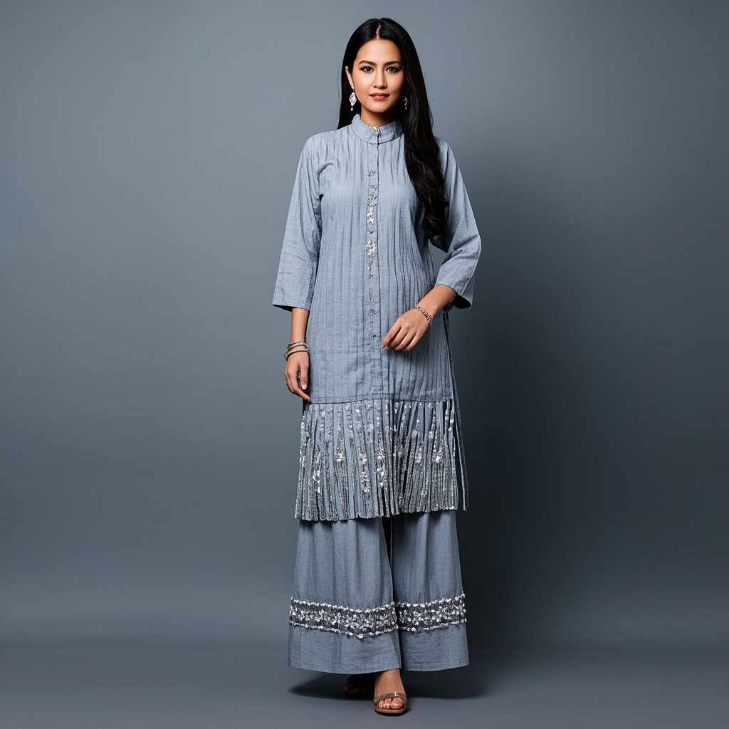 Textured Palazzo Set with Mirror Embellishment