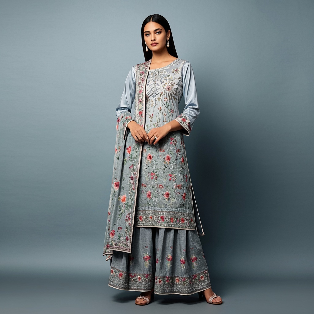 Textured Sharara Suit with Floral Print
